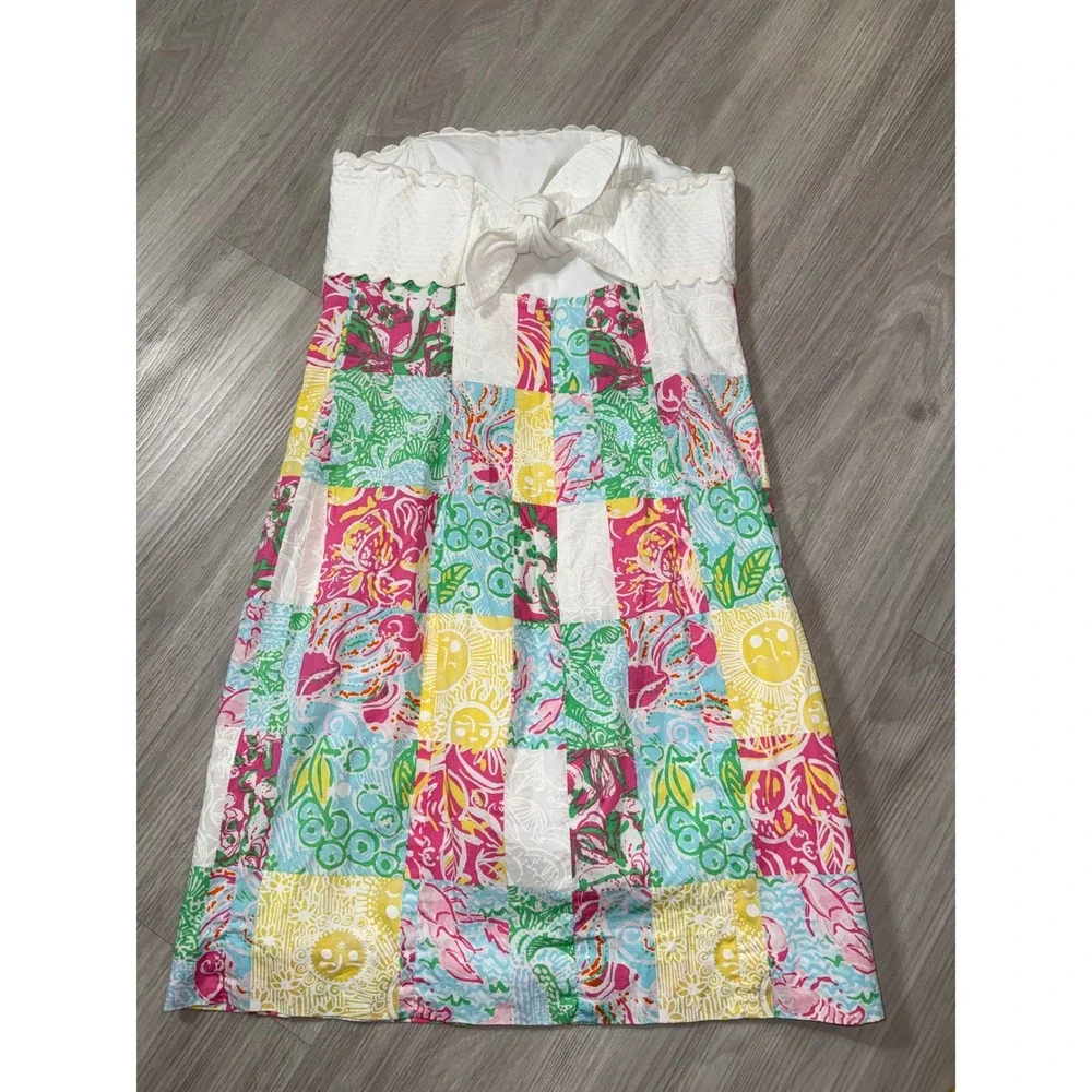 Lilly Pulitzer Strapless Patchwork Eyelet Scallop Dress Pink Green White 6 76210 - Picture 3 of 10